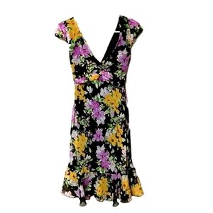 MAURICES Black Purple & Yellow Floral Cap Sleeve A-line Ruffle‎ Hem Dress 7 Y2K